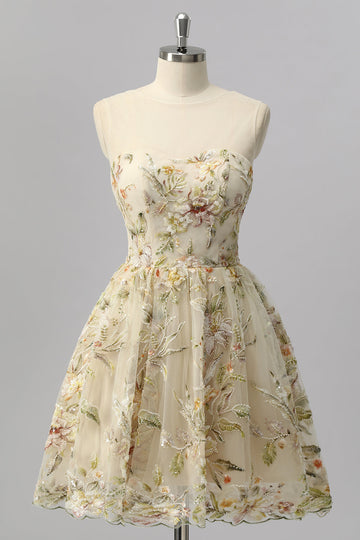 Apricot Floral A Line Illusion Beaded Mini Cocktail Dress